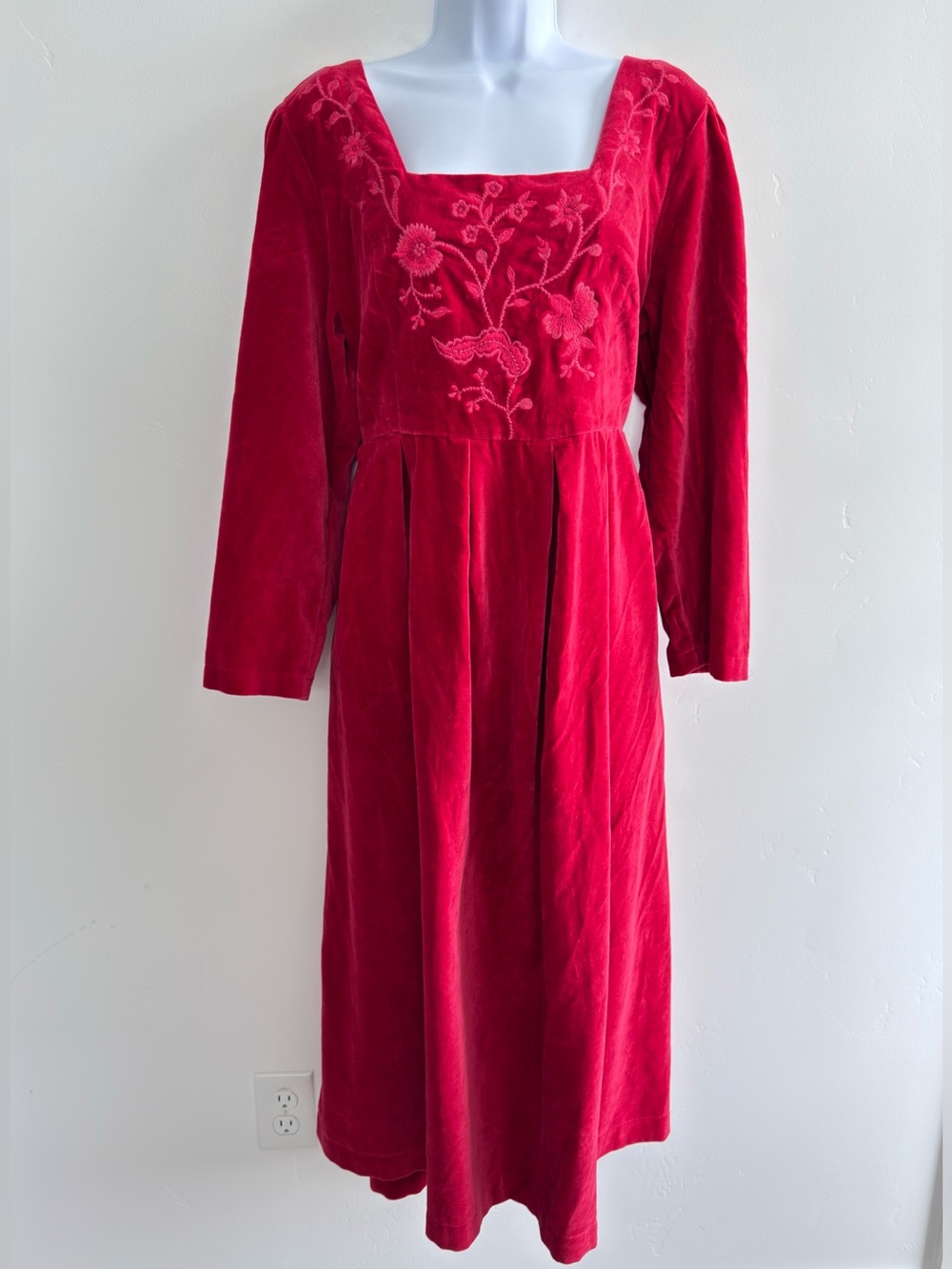 April Cornell Victorian Red Cotton Velvet Embroidered Midi Dress XL Holiday